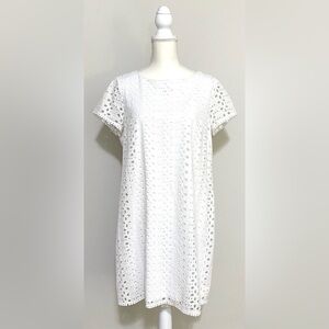 London Times Womens 12 Solid White Eyelet Lace Short Sleeve Dress Preppy Classic